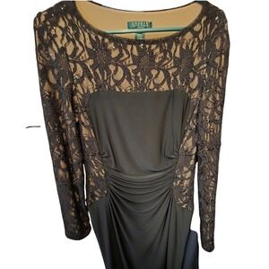Ralph Lauren Black‎ Lace Sequin Ruched Sheath Dress Long Sleeve Size 10